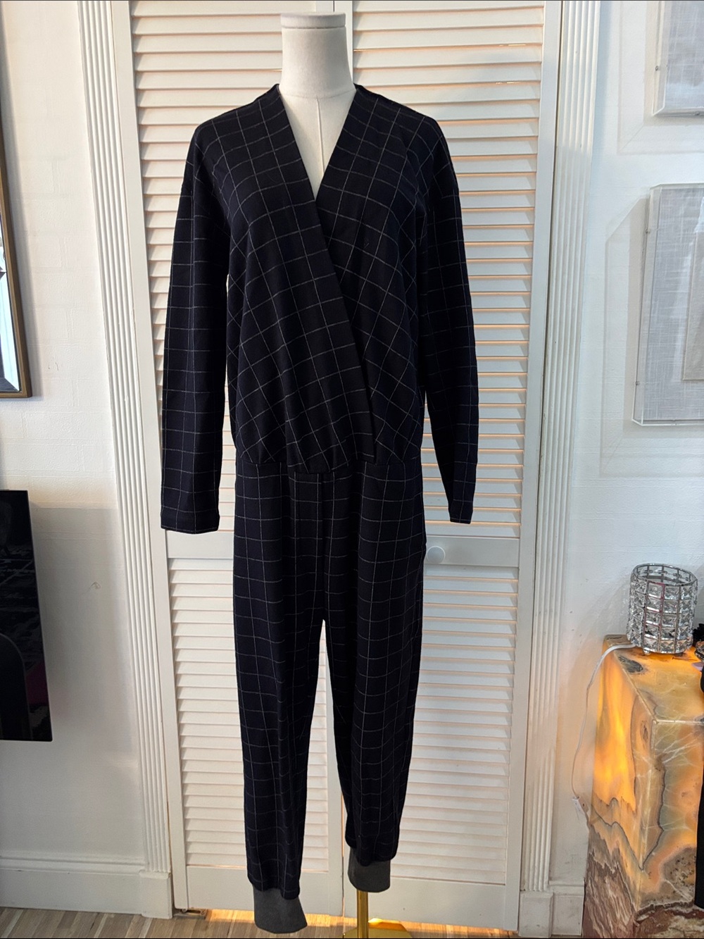 Brunello Cucinelli Black Windowpane V-Neck Jumpsuit, S